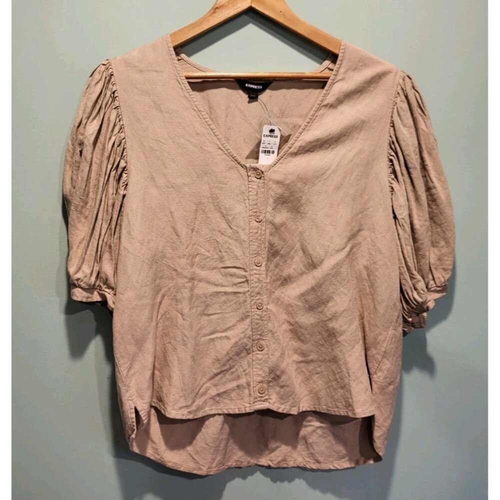 New Express Tan Linen Blend Button Up Puff Sleeve Top Sz L